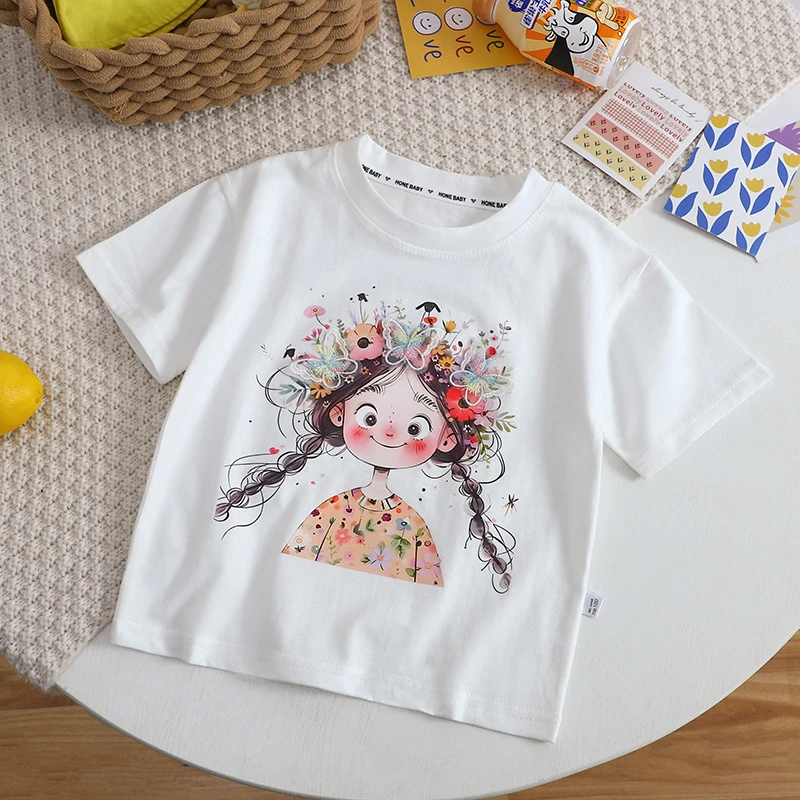 女童2025夏装新款T恤衫女宝宝短袖圆领白色卡通T恤女孩纯棉半袖