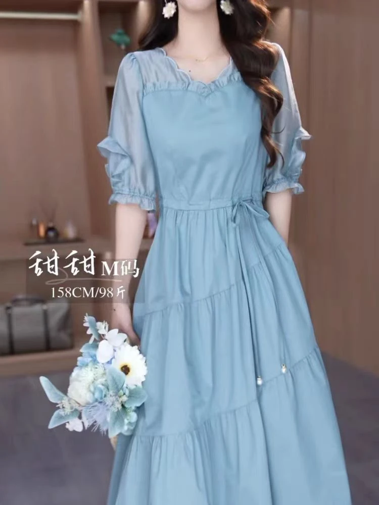 时尚气质收腰百搭简约连衣裙女2025夏季新款洋气减龄显瘦中长裙子