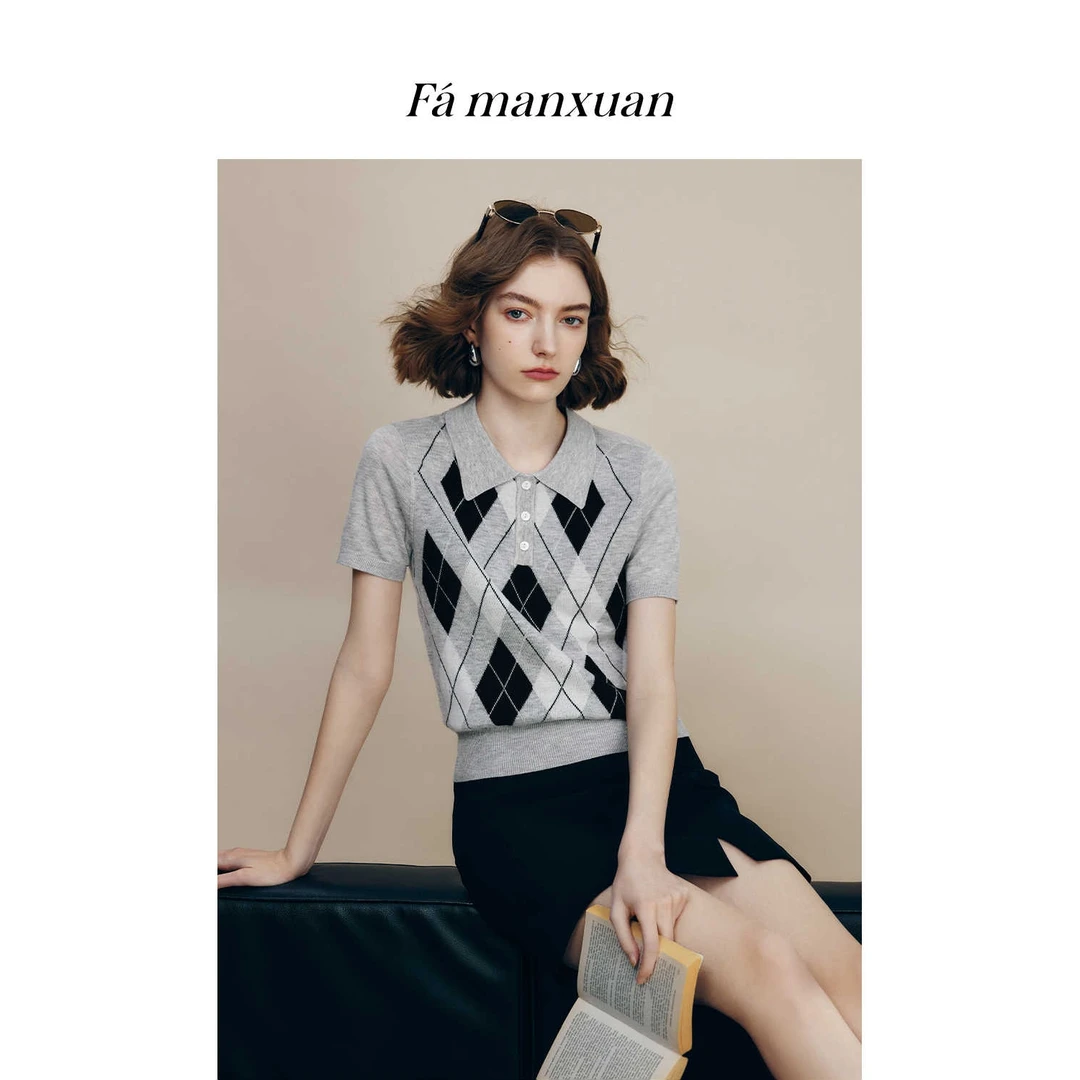 法曼萱学院风菱格提花polo衫女2025年夏新款短袖MT0996