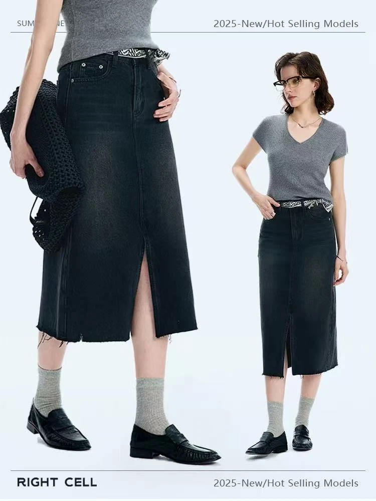 【R.Cell_右单元】2025春季前开叉毛边过膝A字牛仔半身裙#AB5353
