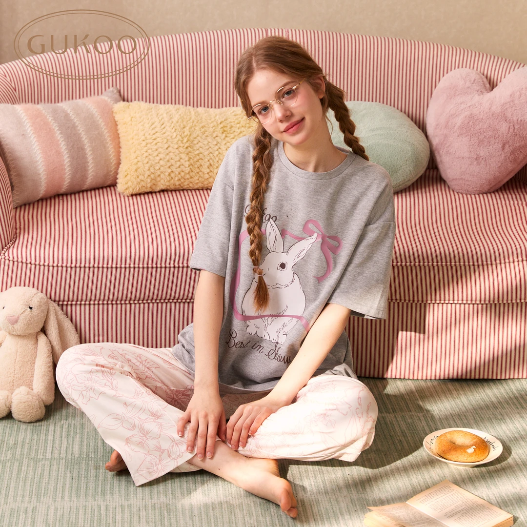 Gukoo/果壳兔子短袖长裤睡衣少女甜美春夏家居服套装棉质