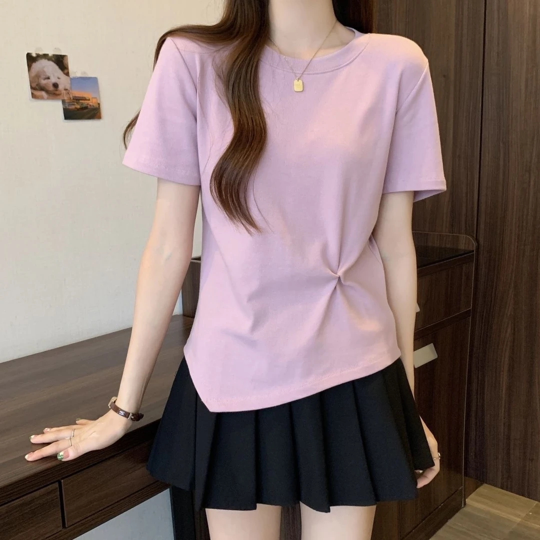 紫色短袖t恤女2025新款微胖显瘦宽松遮肚不规则设计感独特上衣夏