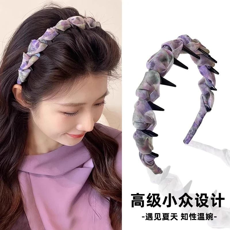 【炫彩渐变】超仙褶皱网纱波浪发箍女夏季带齿防滑高颅顶头箍