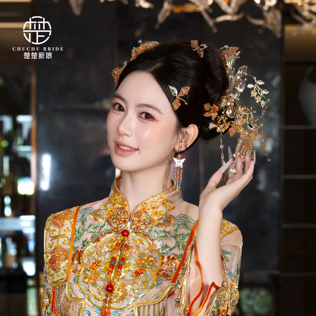 楚楚新娘原创中式头饰秀禾龙凤褂金色水晶发簪古典婚礼盘发配饰品