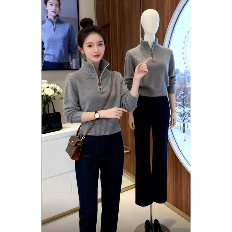 高级感软糯半拉链毛衣女秋冬外穿收腰显瘦灰色短款慵懒风针织上衣
