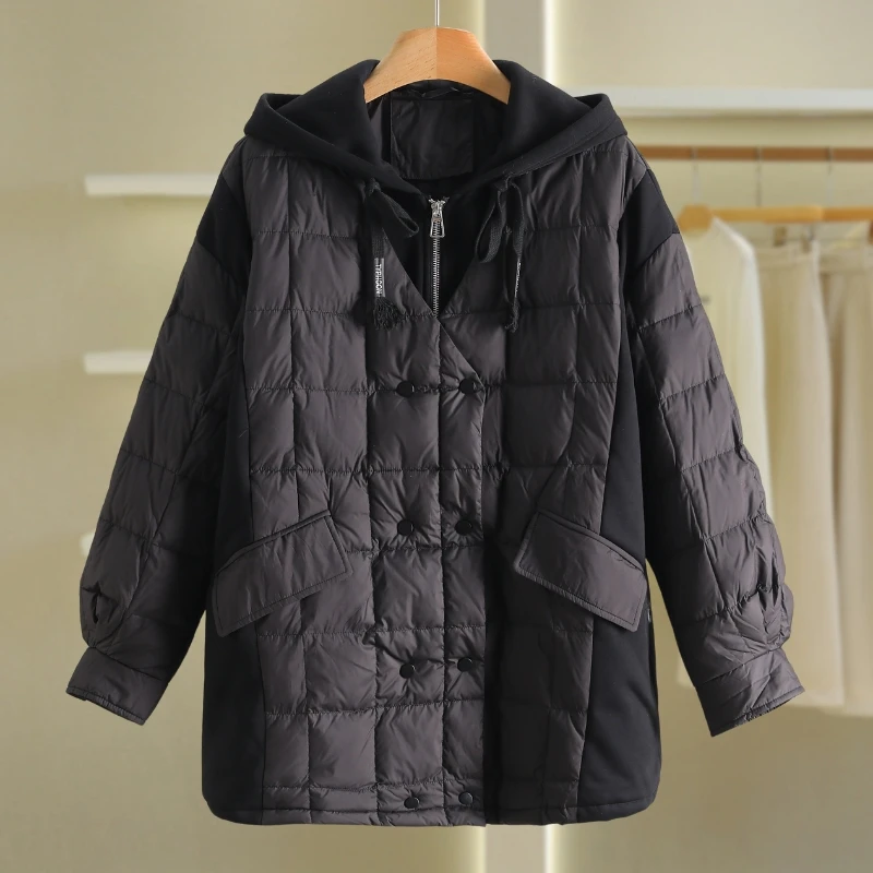 【伍莎-自营】拼接假两件宽松连帽休闲羽绒服#QPE48H009