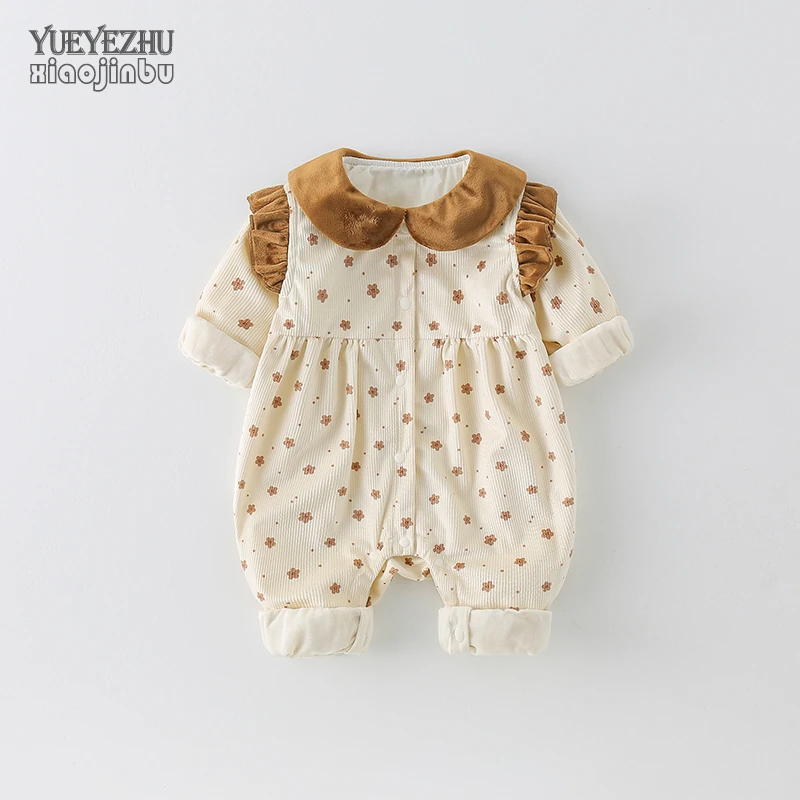 婴儿条绒衣服春秋女宝宝外出连体衣秋装一岁韩版洋气哈衣爬服新生