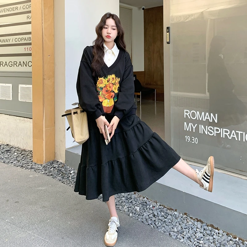 马甲毛衣裙子洋气小香风秋冬新款气质拼接卫衣套装女穿搭感两件套