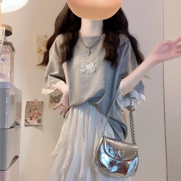 大码女装韩系蕾丝拼接灰色T恤独特A字不规则蛋糕半身裙两件套