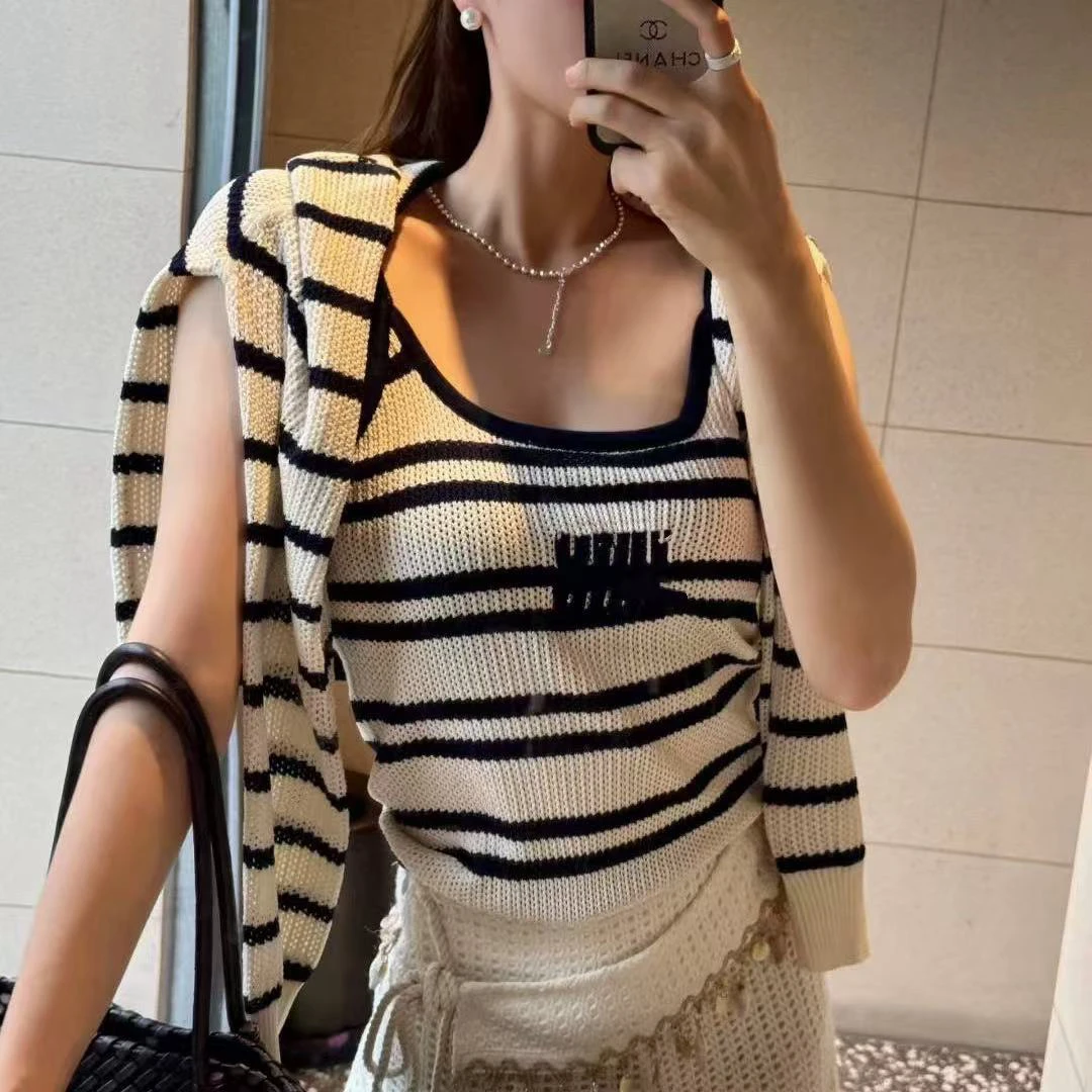 （浠儿家）复古条纹针织小吊带背心夏季新款内搭打底美背无袖上衣