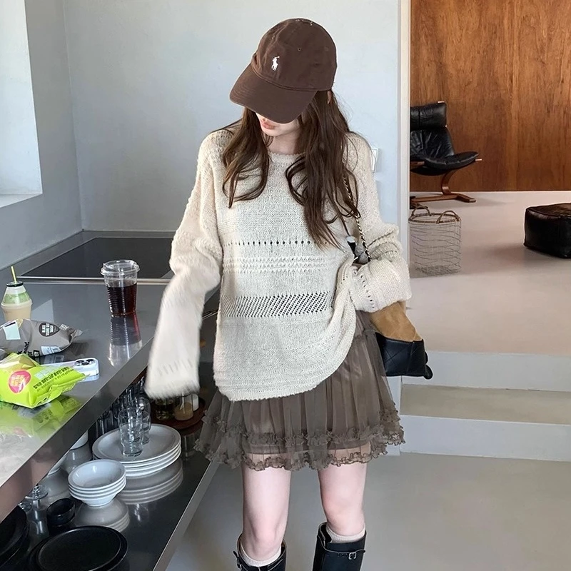 秋季新款女装宽松慵懒风外穿小众镂空提花针织衫独特漂亮小衫上衣