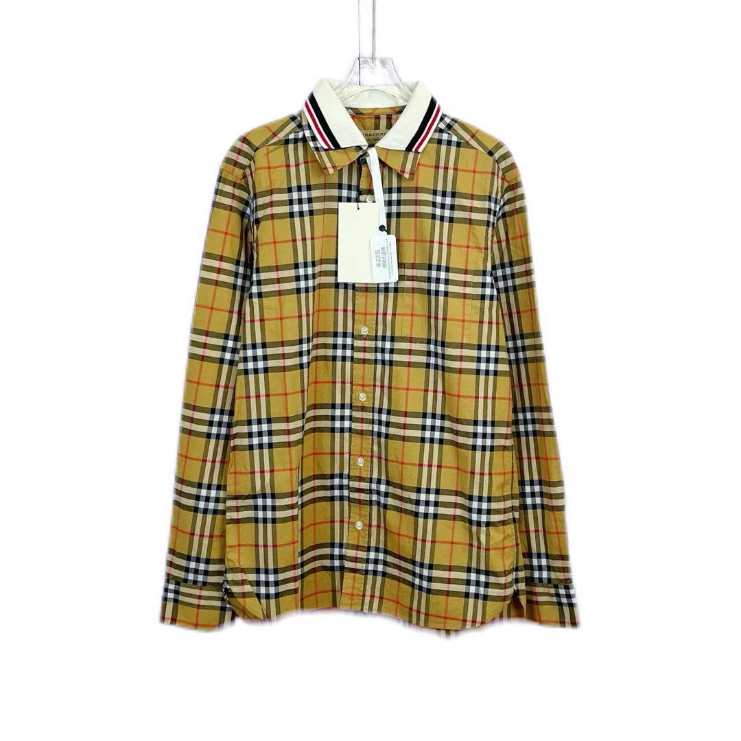 99新 BURBERRY/博柏利 011892 拼接领格纹单排扣长袖衬衫  M码