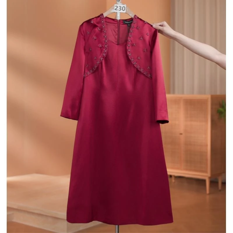 【230】酒红假两件披肩式礼服连衣裙