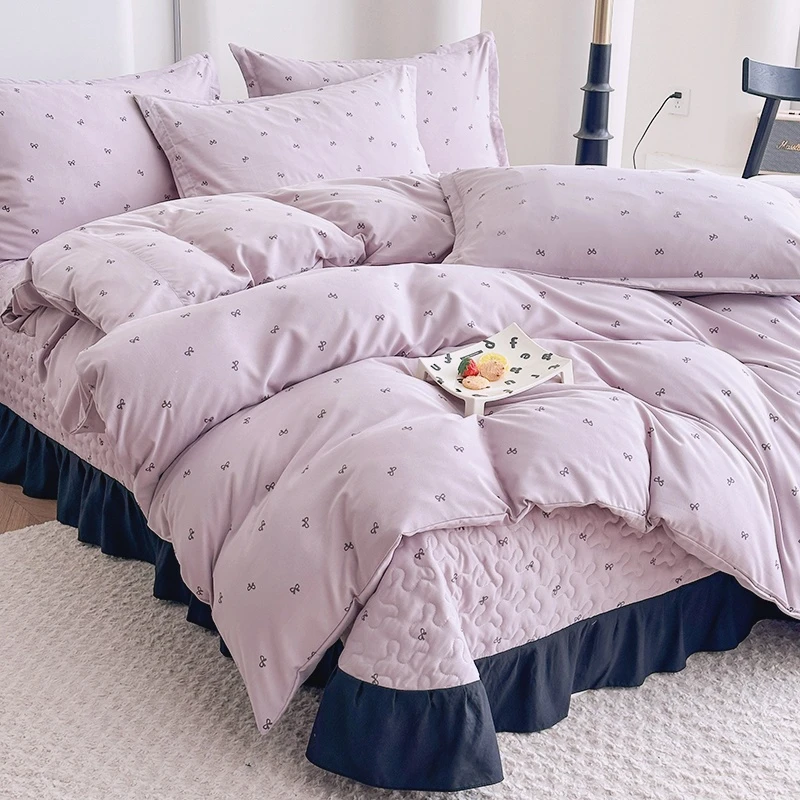 春夏新款赫本风针织双层纱床盖四件套夹棉床裙款防滑四季通用床品