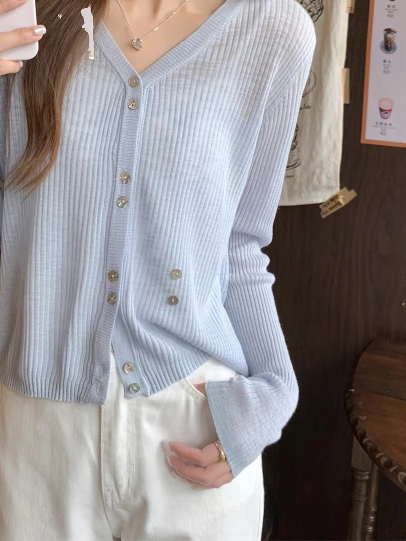 圆领防晒套头款毛针织衫短款通勤仙女风轻熟风V领不褪色