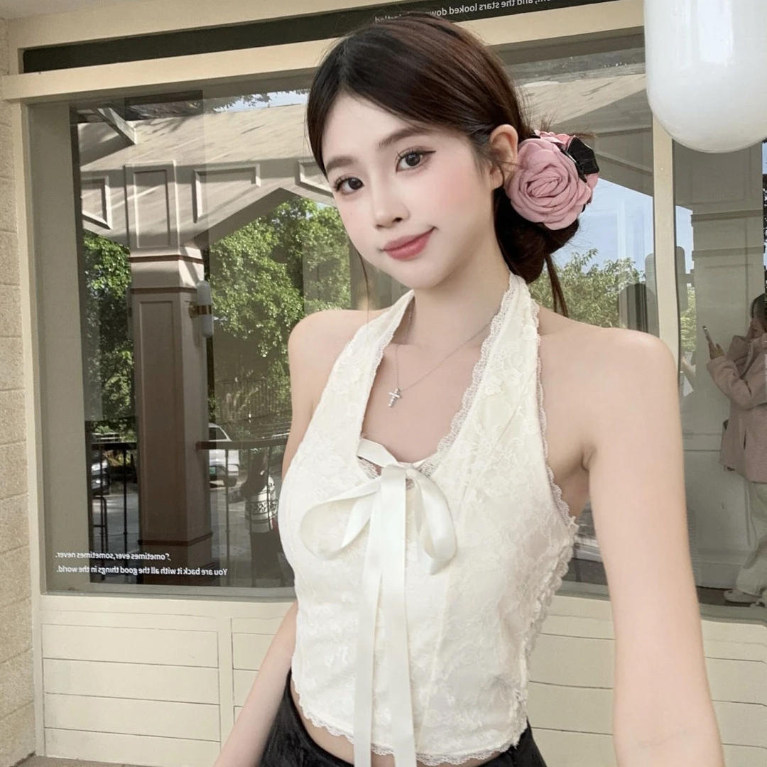 纯欲风蕾丝花边挂脖露背吊带背心带胸垫露脐修身显瘦性感百搭内搭