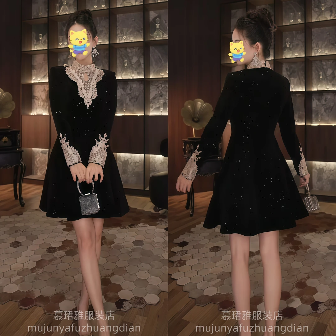 2025收腰a字连衣裙女春季小个子显瘦气质黑色法式宫廷礼服