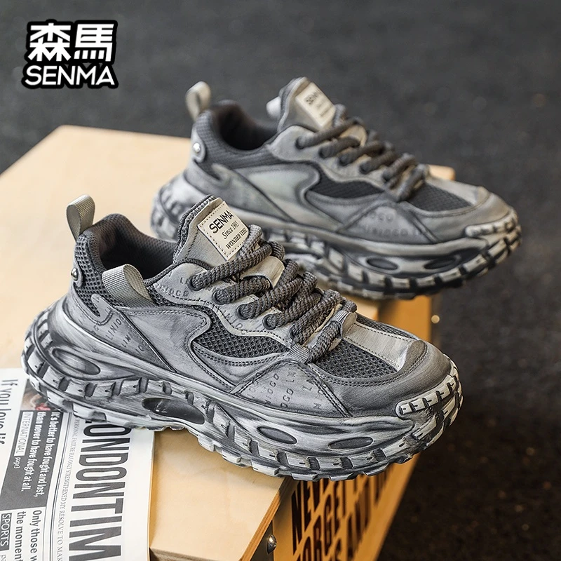 森马复古做旧老爹鞋男擦色厚底英伦网面运动鞋百搭增高透气休闲鞋