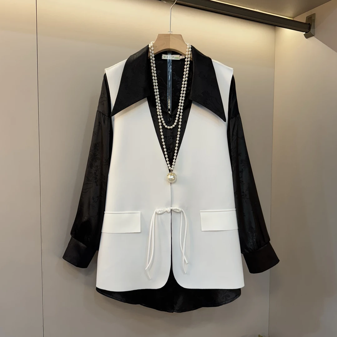 春季新款时尚百搭提花衬衫中式国风盘扣马甲女休闲大码显瘦套装