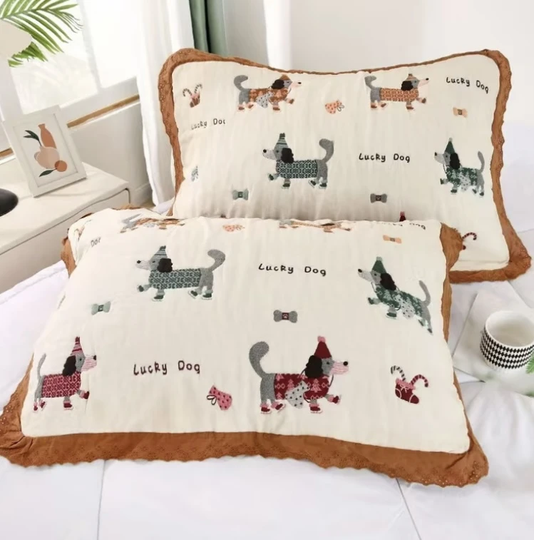 【木帛织物】 腊肠狗一对装 花边直边泡芙枕巾 加厚简约家用