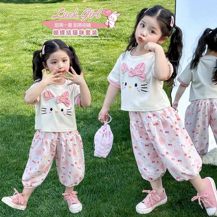 女童夏季新款套装卡通可爱蝴蝶结猫咪短袖七分裤两件套