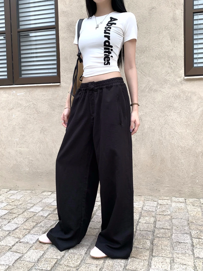 不冷BULENG 辣妹美式工装裤女夏季设计感小众宽松休闲黑色阔腿裤