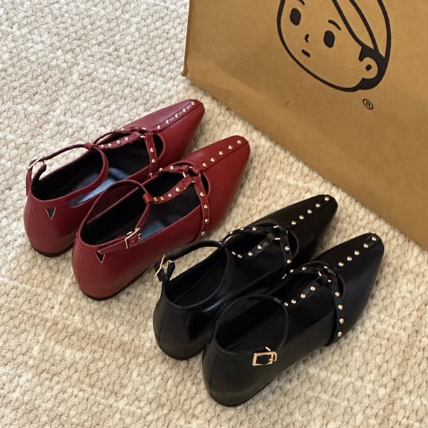 晚睡兰·内增高5cm小个子法式铆钉玛丽珍T型鞋女小众设计罗马单鞋