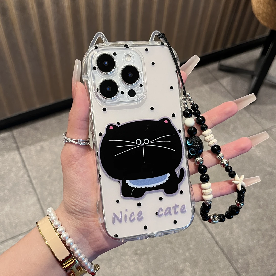 奥菲顿大脸黑猫挂链适用iPhone16/15pro苹果1412猫耳朵11手机壳13