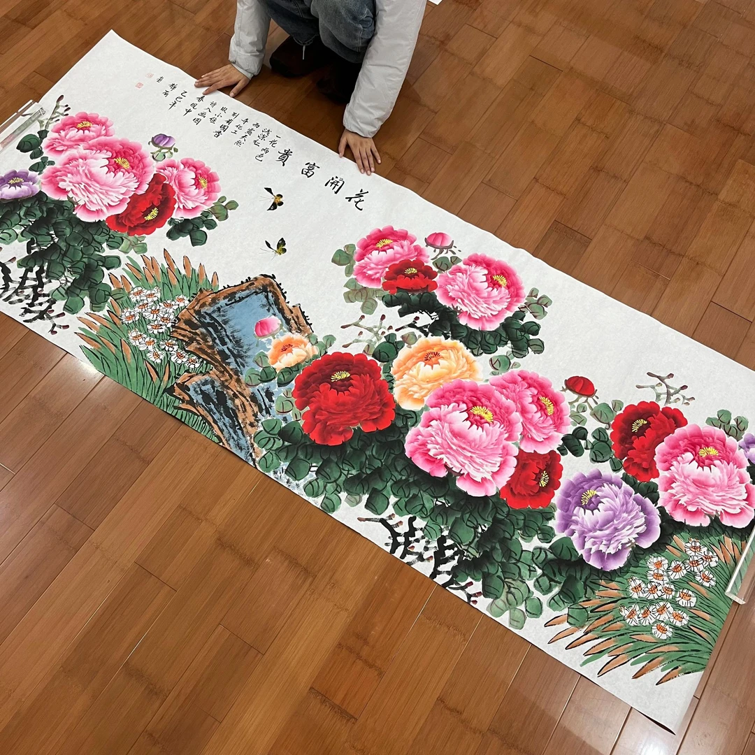 杜静丽手工手绘八尺花开富贵宣纸国画牡丹客厅办公装饰挂画240*96