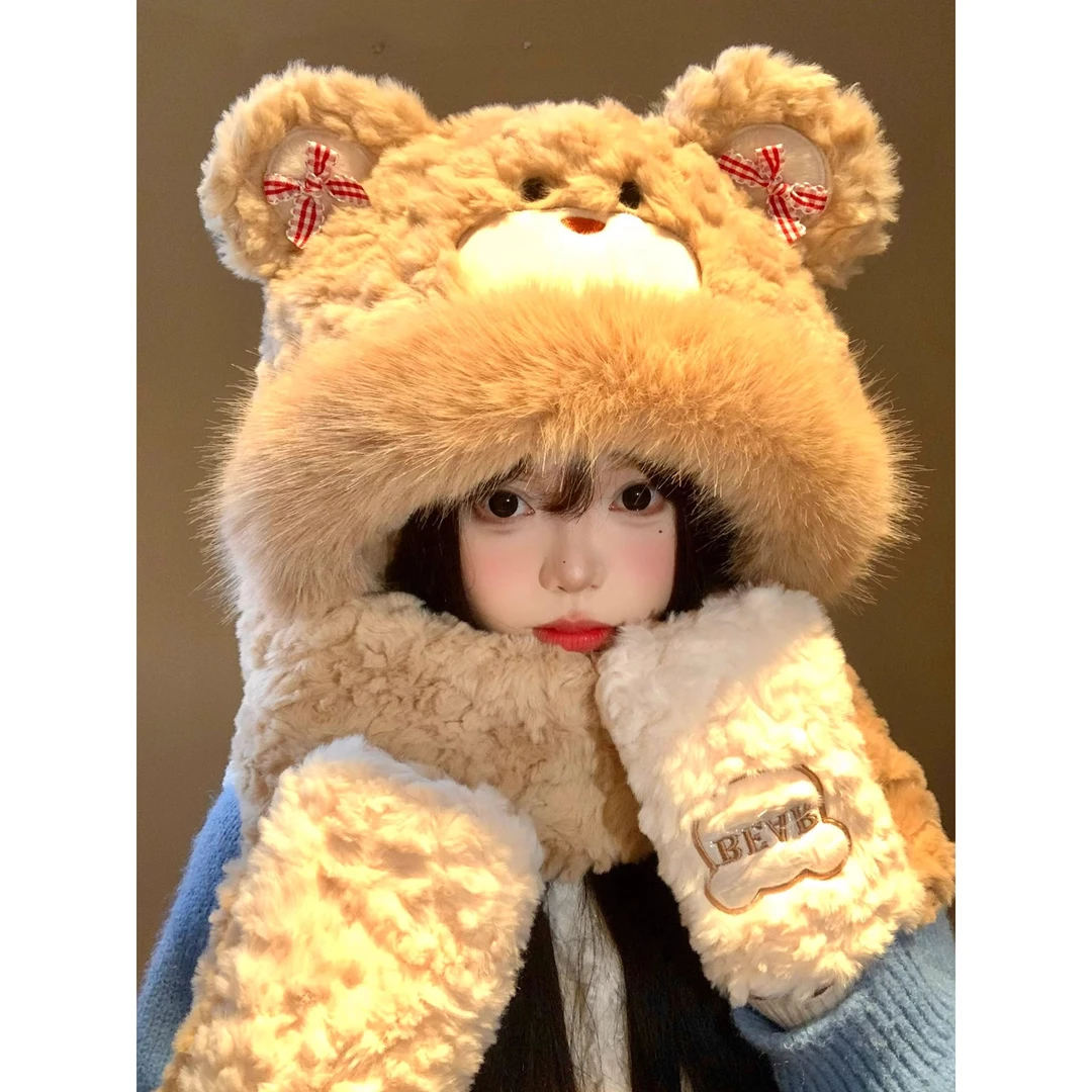 蝴蝶结小熊耳朵毛绒帽子围巾一体女秋冬季加绒加厚保暖手套三件套