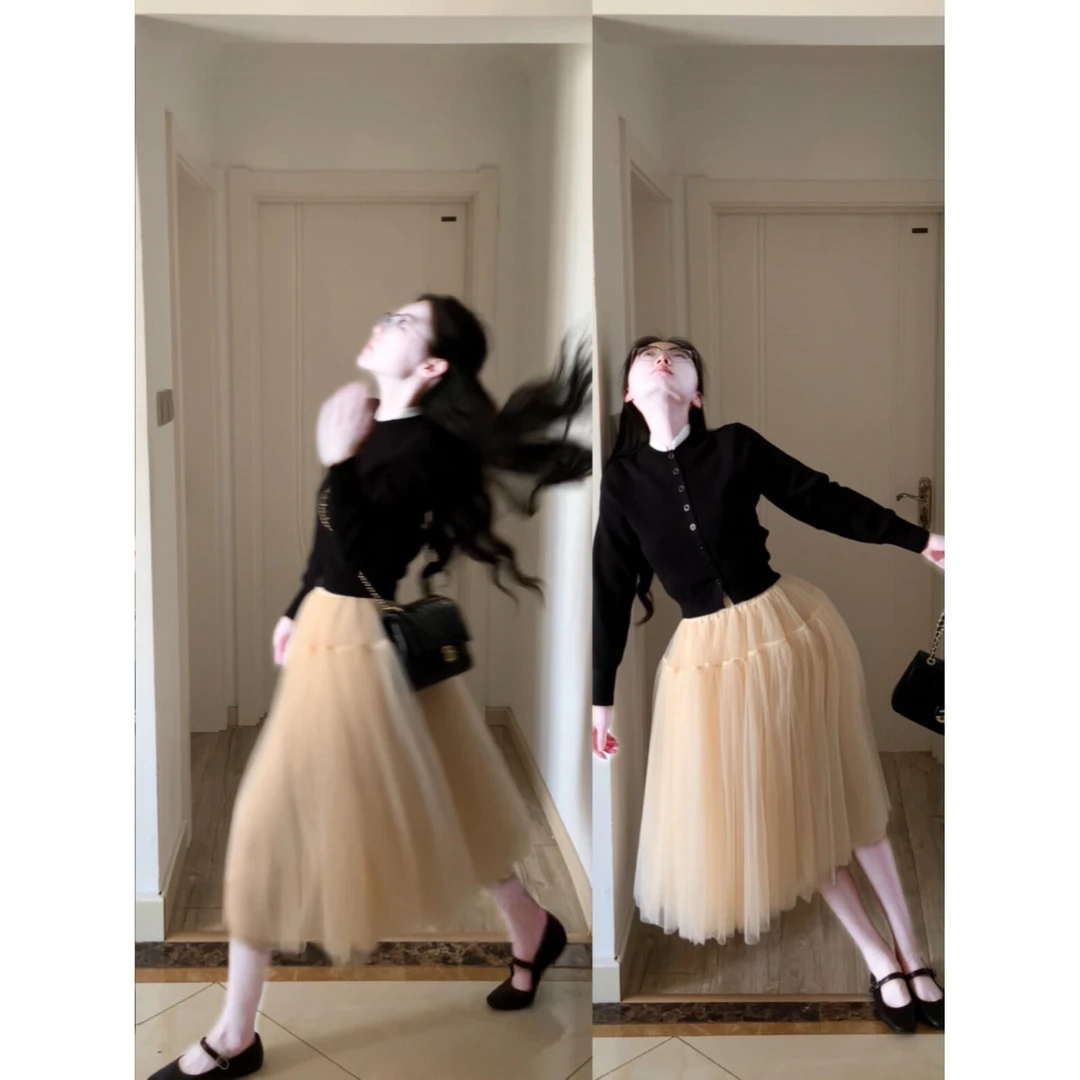 2025秋季爆款拼接针织外套设计感圆领开衫网纱a字半身裙两件套