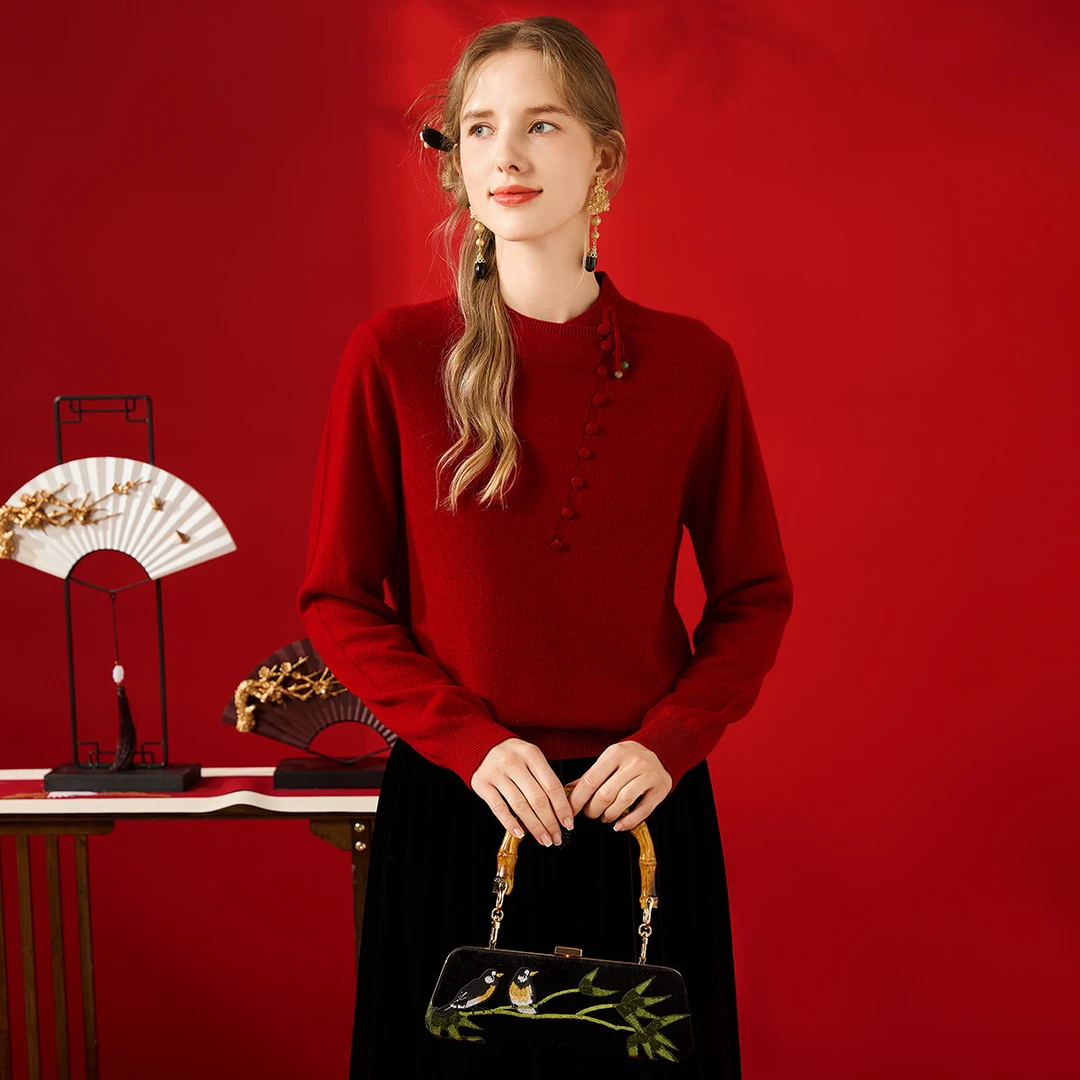 TUHUANG/兔皇【纯羊毛】新中式新年红盘扣半高领女羊毛衫 TW899068