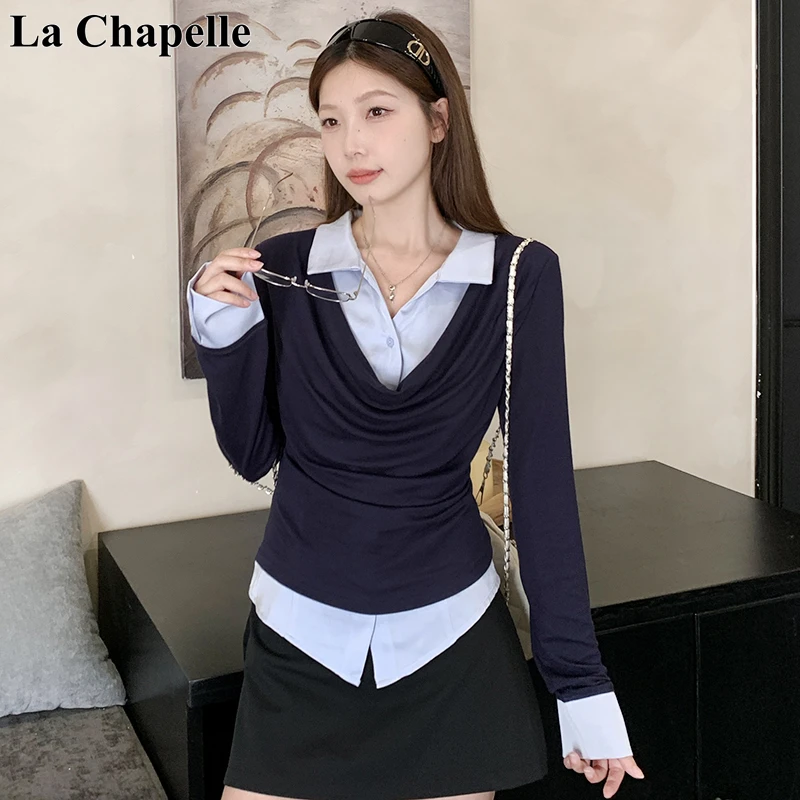 拉夏贝尔秋季通勤气质荡领假两件大码t恤polo领衬衫别致上衣女装