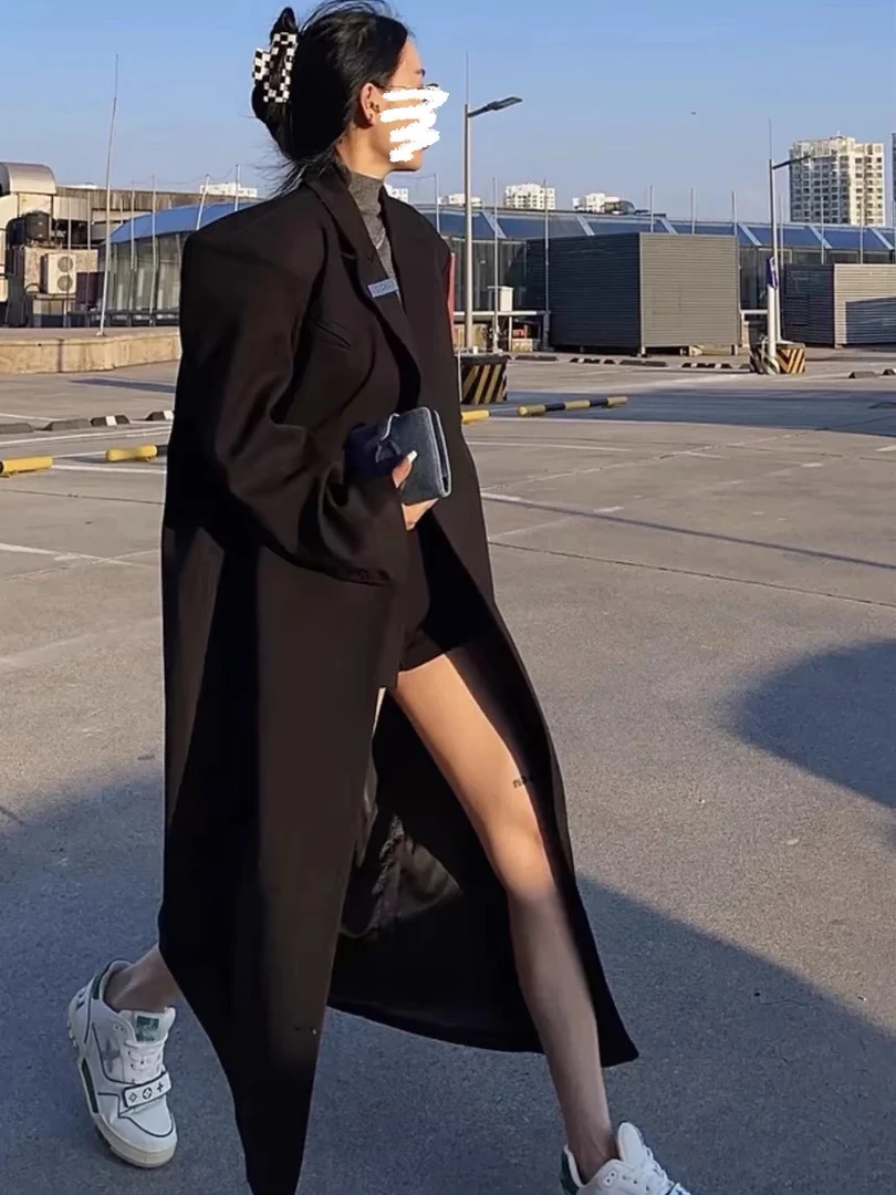 新款网红斜扣西装大衣春秋新款宽松韩版显瘦长款过膝西服外套