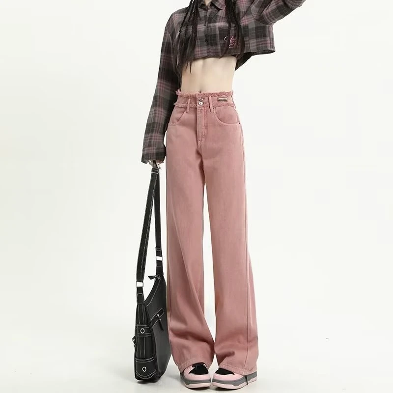 复古直筒牛仔裤女宽松阔腿垂感高腰显瘦水洗做旧拖地毛边裤子夏季