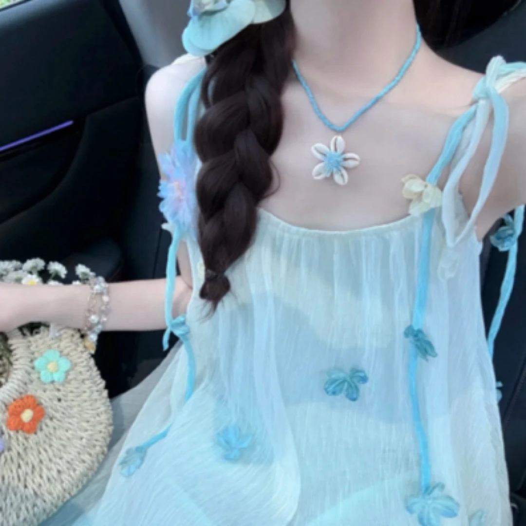 女装吊带高腰夏日连衣裙甜美设计感常规度假风小众