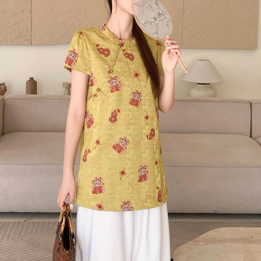 【锦衣服饰】QLH 67117新中式福宝印花盘扣立领无袖上衣