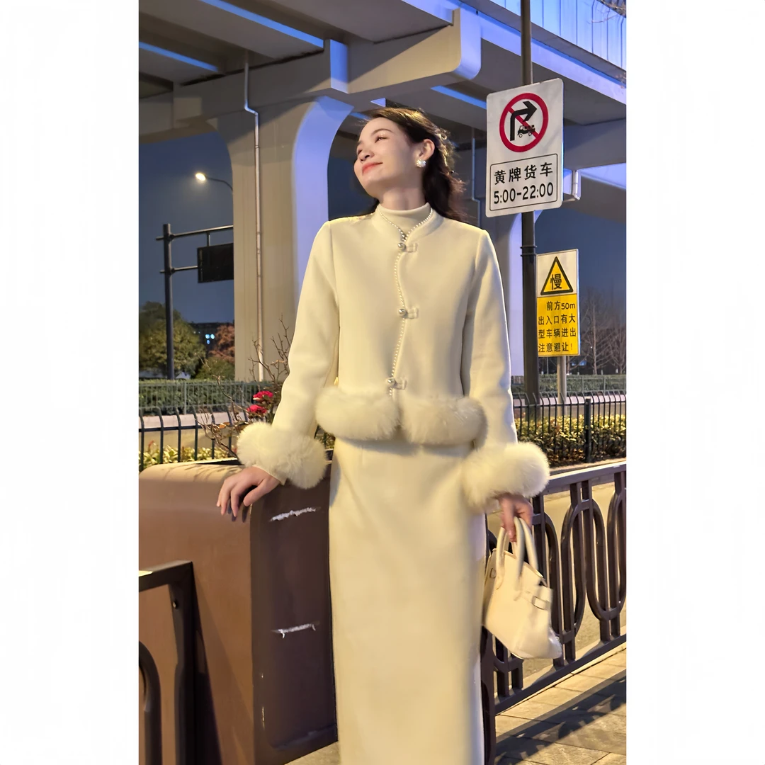 【WY】   雪狐~原版设计冬季爆款甜美气质狐狸毛新年羽绒小香风套装
