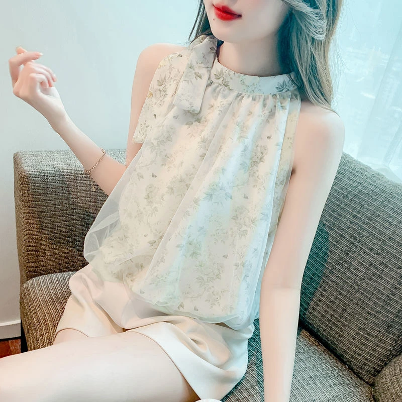 法式碎花无袖背心雪纺衫女夏季2025新款韩版小众气质露肩挂脖上衣