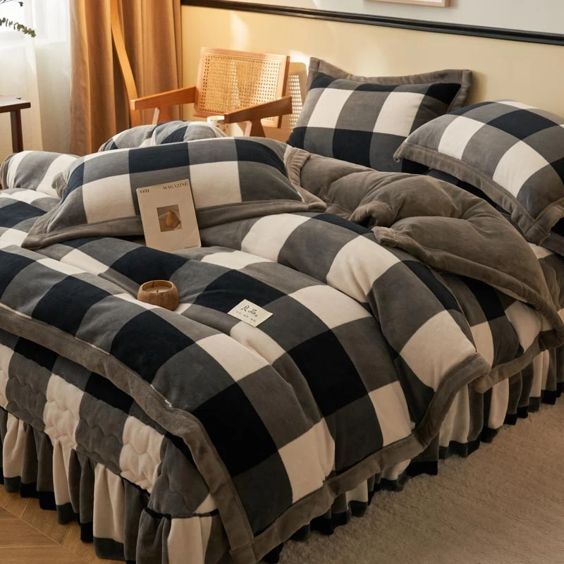 无印风牛奶绒床盖四件套格子宽边被套加厚双面绒毛绒被罩抗静电