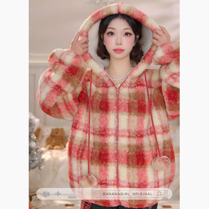 Bananagirl【草莓耶耶】极寒女装秋冬季羊羔绒毛连帽外套时尚可外穿