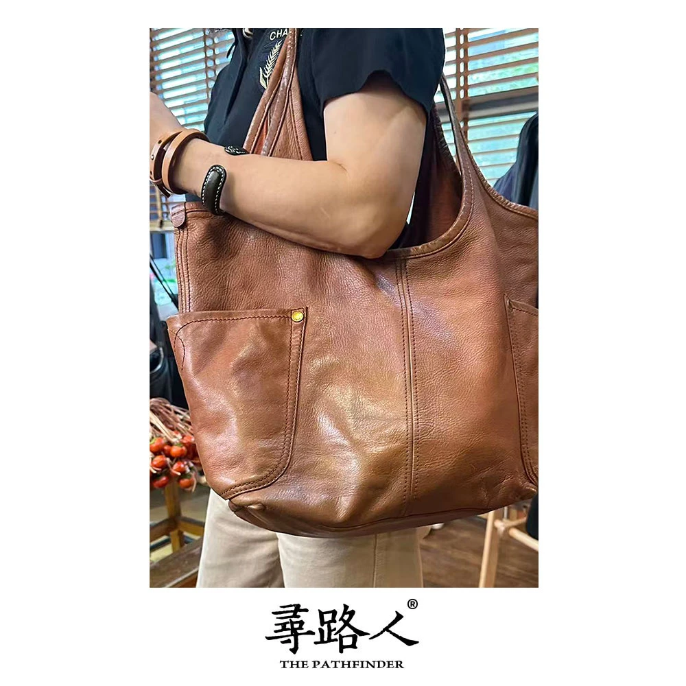 寻路人休闲百搭简约文艺精致真皮女士单肩包