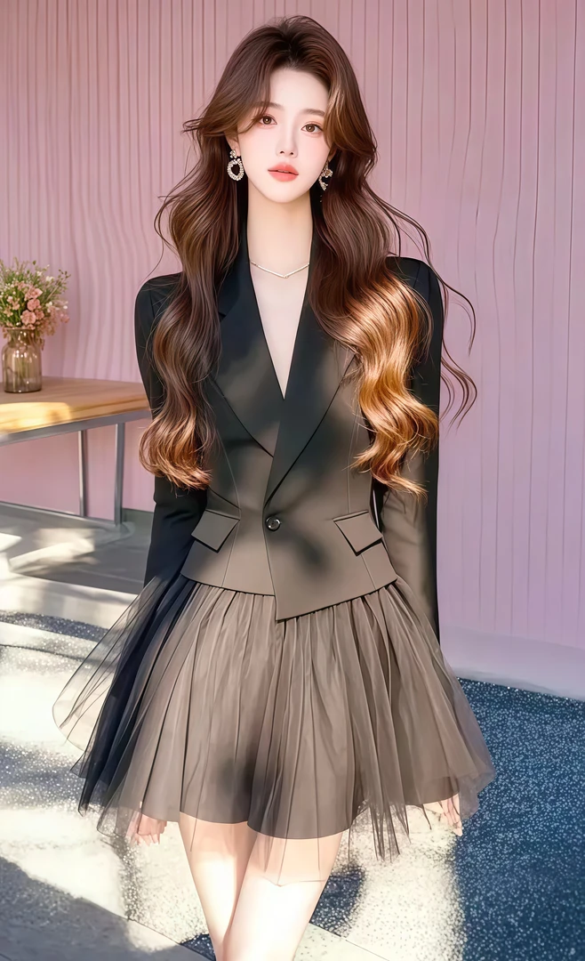 盐系轻熟一整套2025春季新款赫本风气质黑色西装外套纱裙时尚女装