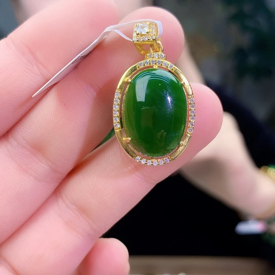 吊坠(不含链)银S925镶嵌和田玉（碧玉）吊坠