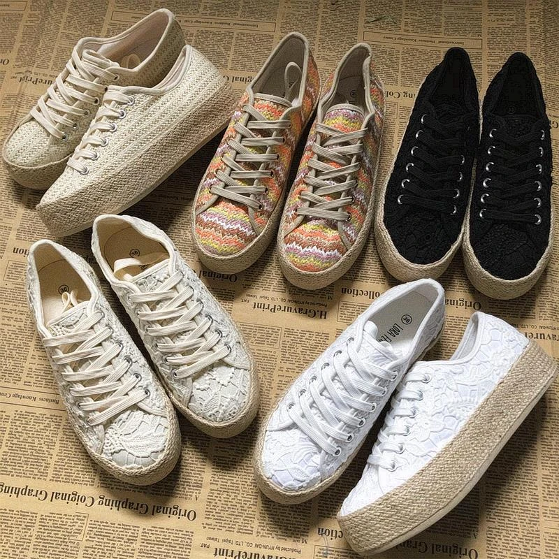 单麻边大码女鞋牛筋厚底休闲田园风平底潮流帆布鞋