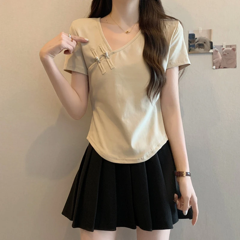 新中式斜襟盘扣不规则短袖t恤女夏季胖mm大码遮肚短款短袖t恤女