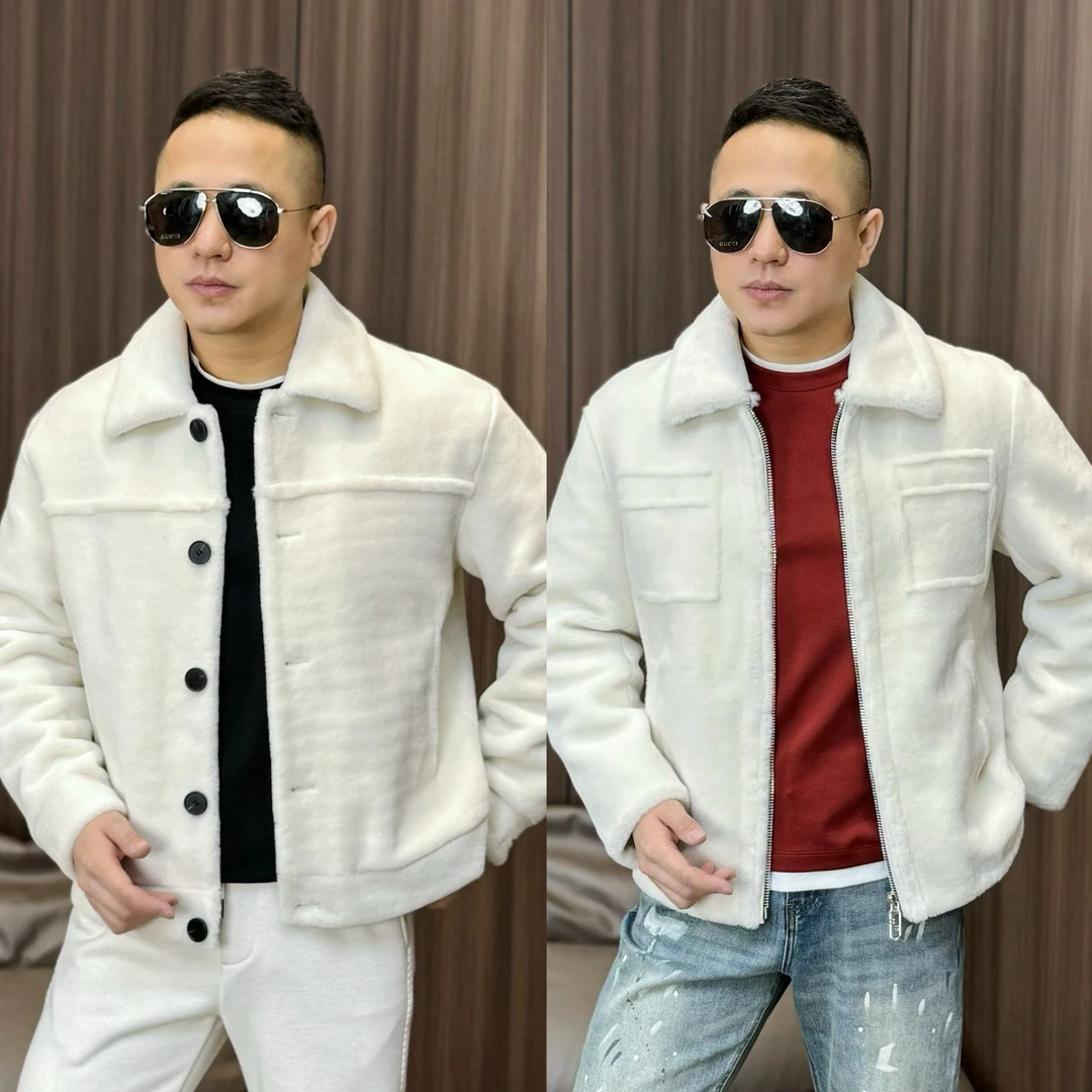 孙先生｜高奢款羊毛混纺男款绒毛外套桑蚕丝内里翻领短款毛绒88953