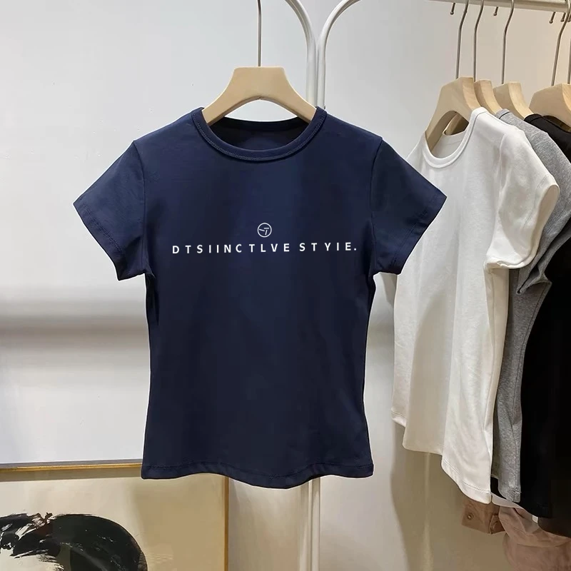 2025夏季正肩纯棉圆领短袖t恤女装ins时尚百搭洋气藏青色上衣修身