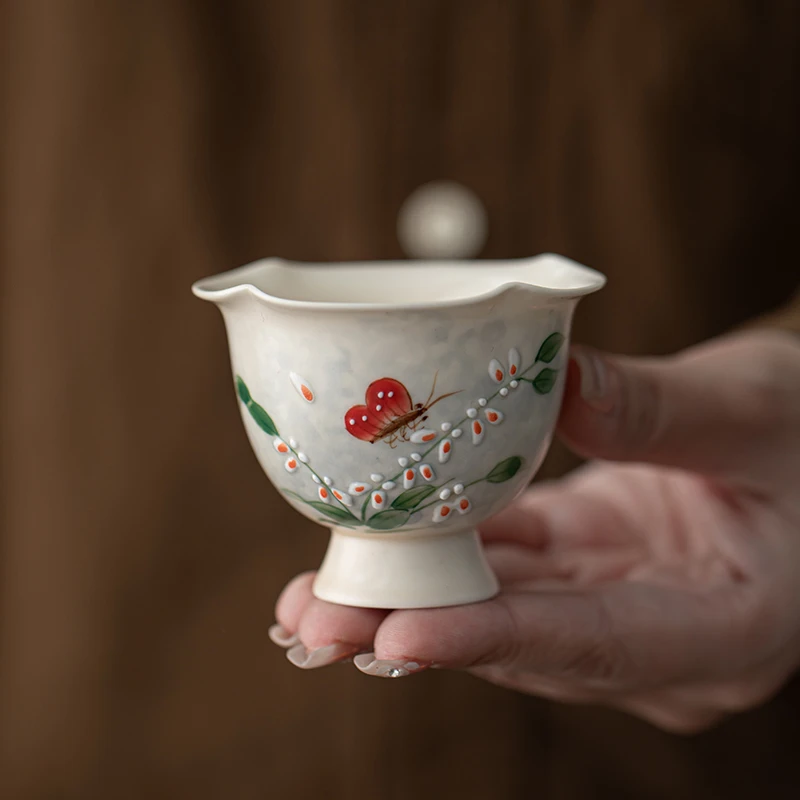 百垚纯手绘文心兰主人杯女士精致品茗杯花口杯中式茶具下午喝茶杯