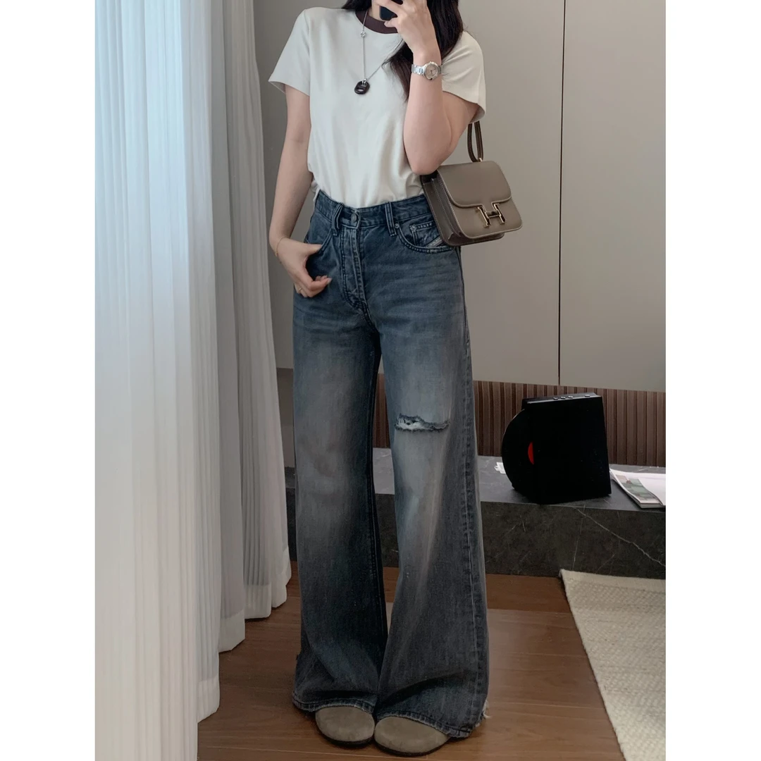 【质感灰牛仔】25春夏 破洞阔腿时髦 磨破设计感大牌 水洗 牛仔裤